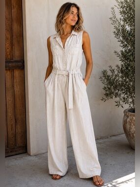 Vince Size 8 Cream Linen Blend Belted Utility Wide Leg Jumpsuit